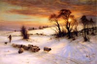 Herding Sheep in a Winter Landscape at Sunset
