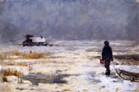 Boy with Sled in a Winter Landscape