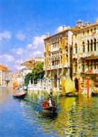 Gondoliers in front of the Palazzo Cavalli-Franchetti, Venice
