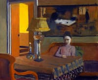Woman in a Purple Dress Next to a Lamp
