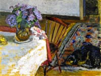 Interior, The Dog, Black, and Bouquet of Lilacs
