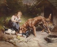 Girl with dog and cats