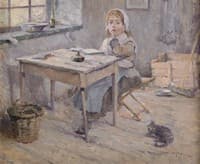 Interior with a girl and kitten