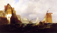 Boats on the Open Sea with Village