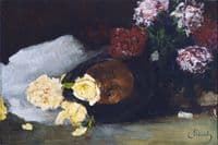 Still life with tea roses, peonies and opera hat