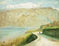 Figure walking on the shore, Lake Como, Italy