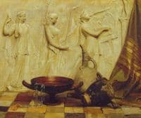 A skyphos, a kylix, a wine jug, and an Egyptian necklace before a Greek frieze, on marble tiles