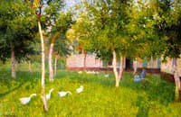 Geese in a Garden with Two Children