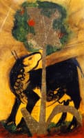 Black Cow behind a Tree