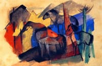 Three Horses in Landscape with Houses