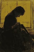 Sewing Woman Sitting by the Window