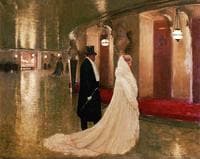 An elegant couple entering a box at the Paris Opera.