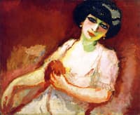 Woman in Pink against a Red Background