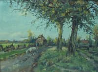 Farmer with sheep on country road at Rijpwetering