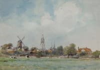 View of Delft with the New Church and a windmill