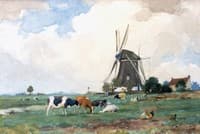 Cows and chickens near a windmill