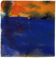 Blue Sea, Sailboat and Two Steamships