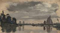 Sketch of Boats on a River with a Windmill (Holland)