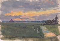 Sketch of Landscape at Sunset with Windmill