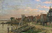 Study of Wooden Houses on a Beach at Sunset (Holland)
