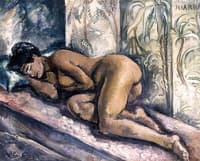 Miarka, Nude Lying on a Bed in Front of a Screen