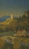 Landscape, Looking Down on a Valley with Distant Church and Canal