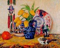 Still Life, Tulips in a Blue Jug