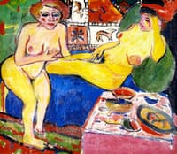 Two Female Nudes on a Blue Sofa