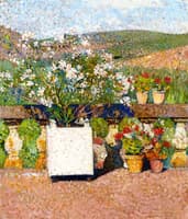 Planter with Oleanders and Pots of Geraniums on the Terrace at Marquayrol in Summer