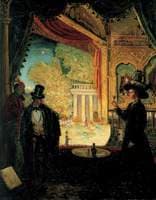 A Scene in a Theatre: A Performance Seen from a Box in Which Three Figures Are Standing