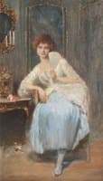 Portrait of a Young Girl Seated in Interior with Fan