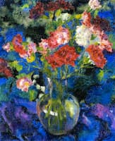 Carnations in a Round Glass Fase in front of a Blue Background