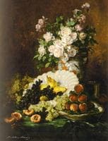Coupe de fruits, fleurs et poires