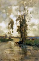 Fisherman in polder landscape