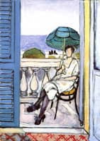Woman with a Green Parasol on a Balcony