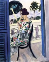 Woman on a Balcony with Green Umbrella in Profile