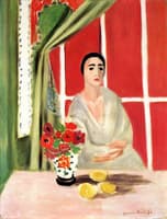 Seated Woman with a Red Screen in the Background