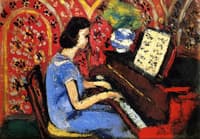 Little Pianist, Blue Dress, Red Background