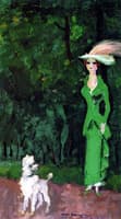Stylish Woman in Green with Egret Feather and Poodle