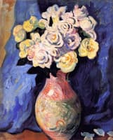 Bouquet of Flowers on a Background of Blue Drapery