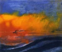 Sea and Two Steamboats with Red Evening Sky