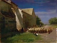Sheep Leaving a Farmyard