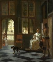 Man Handing a Letter to a Woman in the Entrance Hall of a House