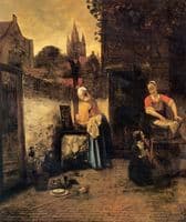 Two women with a child in the yard