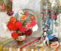 Still LIfe with Flowers and Japanese Doll