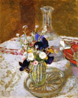 Bouquet of Pansies, Myosotis and Daisies in front of a Carafe, on a Table
