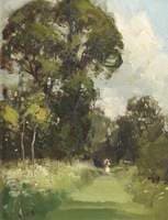 Anglesey Abbey Gardens, with a Lady in White on a Grass Path, Holding a Parasol