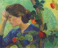 Girl between flowers and leaves