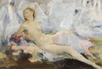 Reclining female nude and swans