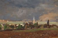 Village landscape before storm